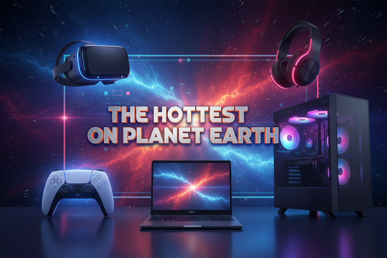 a banner with a vr, a headphone, a ps controller, a pc, a laptop and a text in middle saying 'the hottest on planet earth'