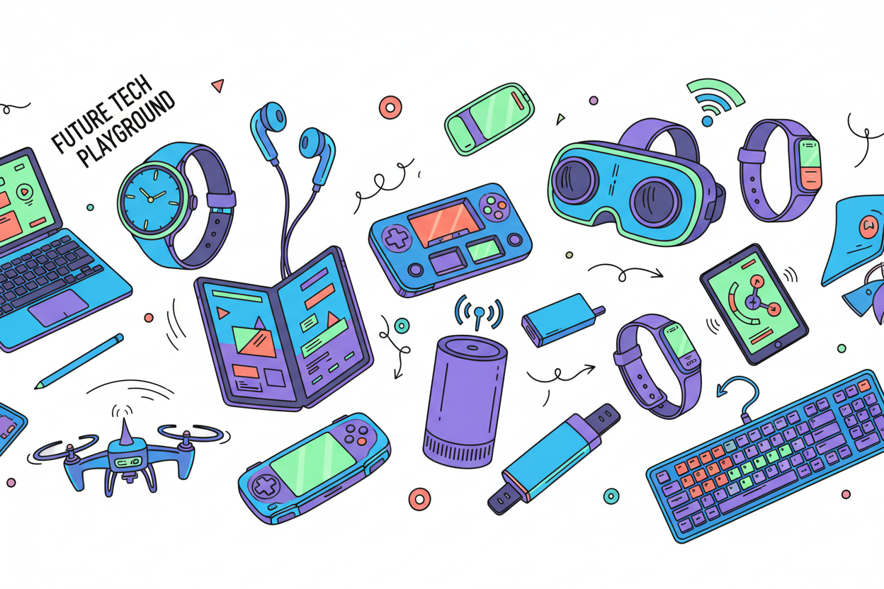 banner with different unique trending tech products doddled